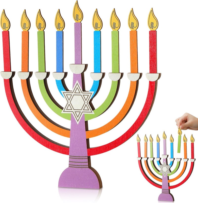 Layhit Hanukkah Menorah Candle Holder Chanukah Wooden Menorah Decorations with Removable Candles for Kids Jewish Holiday Table Centerpiece Party Favors(Colorful) - Image 1